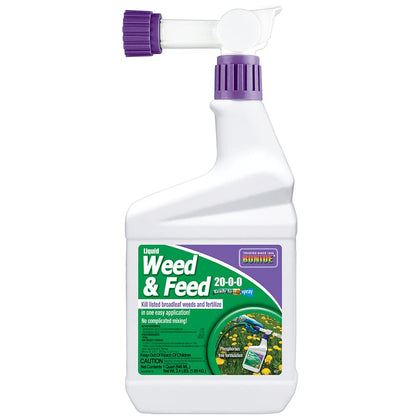 Bonide Liquid Weed and Feed with hose-end sprayer for outdoor lawn use.