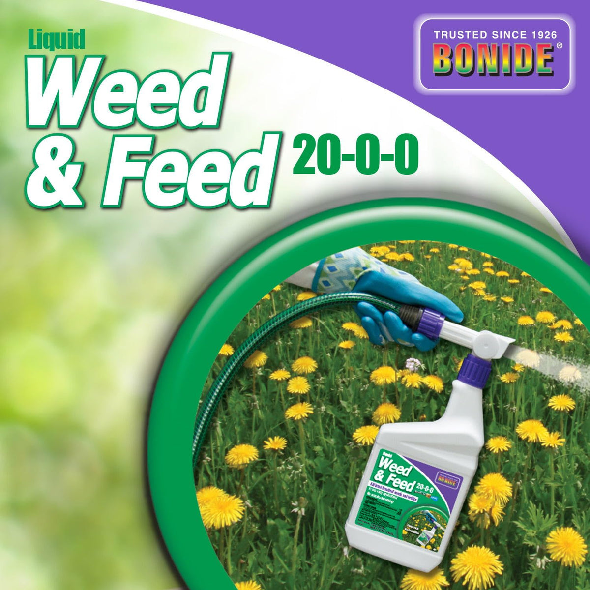 Sprayer nozzle dispersing liquid weed control on turf with Bonide.
