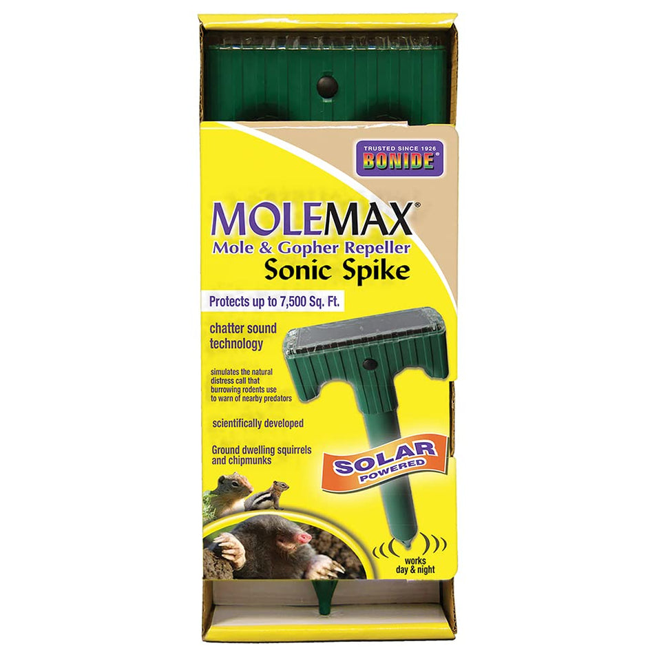 Bonide MoleMax Sonic Spike Repeller front view deters moles and gophers.