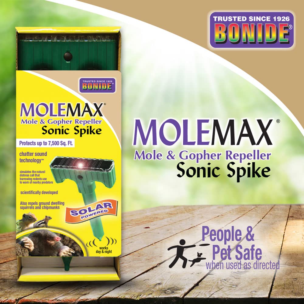Bonide MoleMax with solar panel powering a chemical-free pest deterrent.
