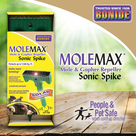 Bonide MoleMax with solar panel powering a chemical-free pest deterrent.