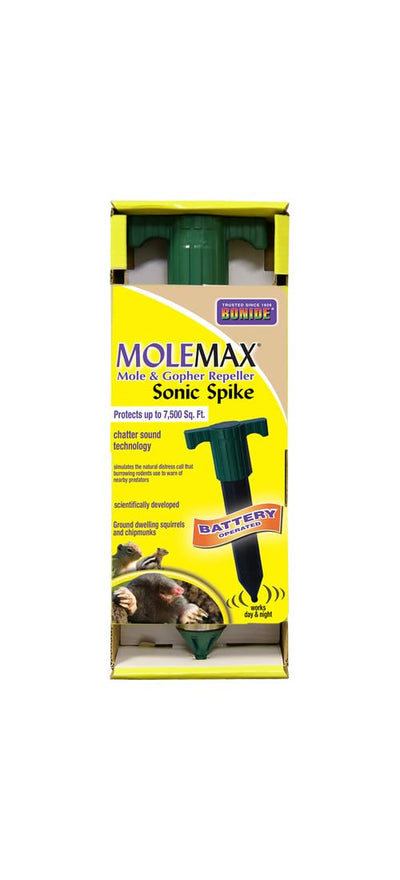 Bonide MoleMax Spike front view helps deter moles and gophers in lawns.