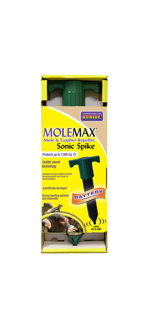 Bonide MoleMax Spike front view helps deter moles and gophers in lawns.