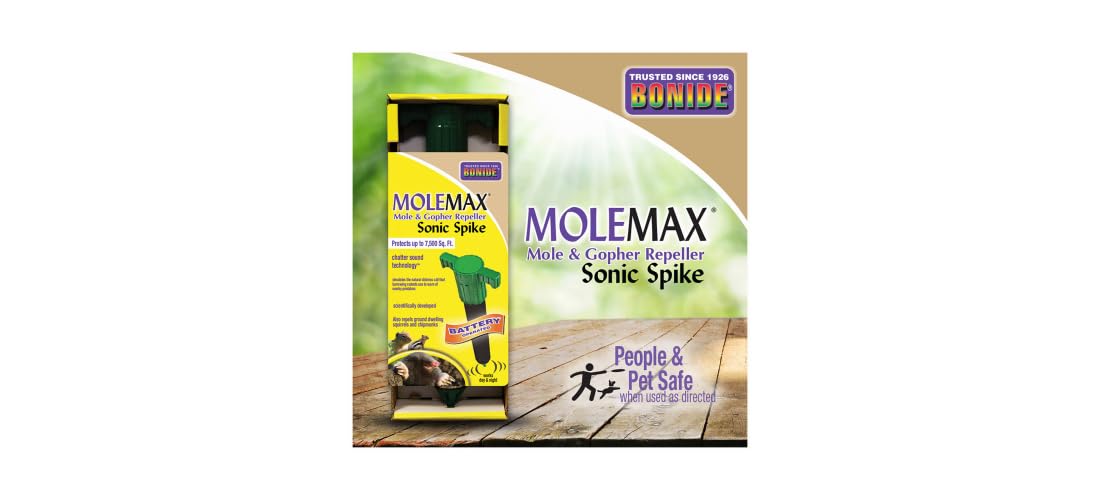 Bonide MoleMax Spike in garden setting protects crops without chemicals.