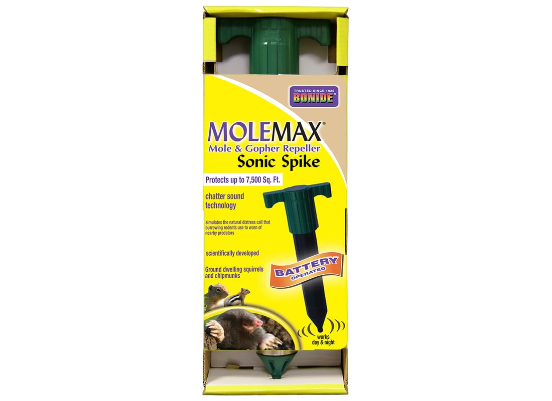 Bonide MoleMax Spike yard placement shows outdoor setup for lawn protection.