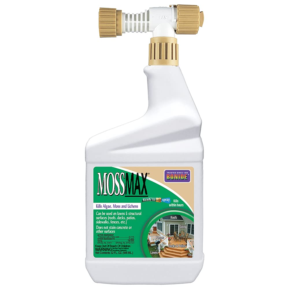 Bonide MossMax bottle attached to hose for easy outdoor treatment