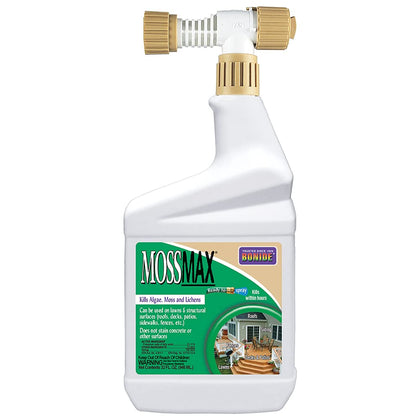 Bonide MossMax bottle attached to hose for easy outdoor treatment