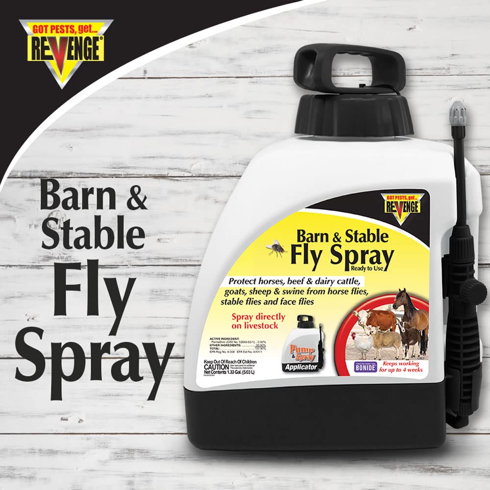 Bonide Revenge spray applied to horse outdoors for fly and tick protection