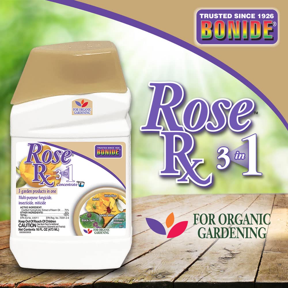 Bonide Rose Rx being applied with a sprayer for outdoor protection.