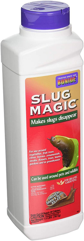Bonide Slug Magic pellets bag showing 1.5 lb packaging for garden slug control.