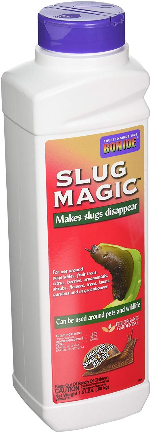 Bonide Slug Magic pellets bag showing 1.5 lb packaging for garden slug control.