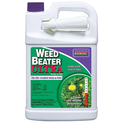 Bonide Weed Beater Ultra spray bottle applied on lawn for quick weed control.