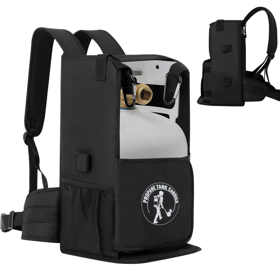 Bonioka propane tank backpack shows 5 lb and 10 lb compatibility for easy transport
