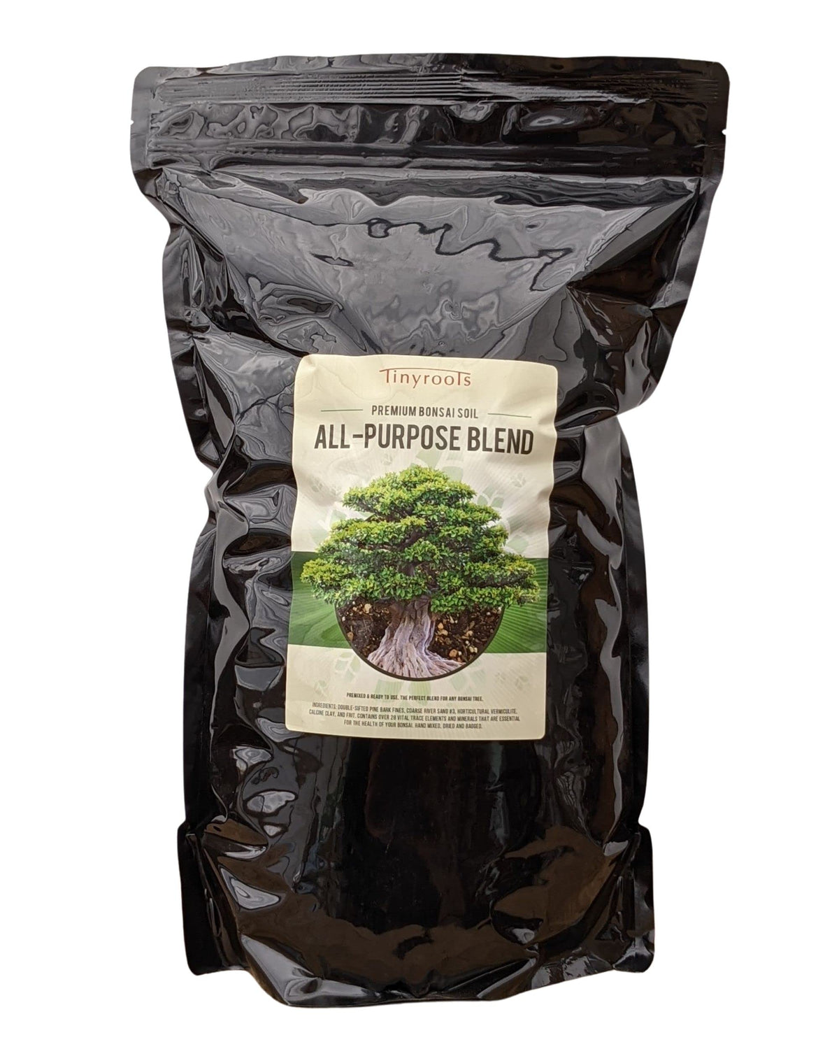 Bonsai Outlet Tinyroots all-purpose soil bag close-up, ready-to-use for diverse bonsai species.