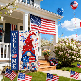 Bonsai Tree sunlit patriotic flag enhancing curb appeal and holiday decorating.