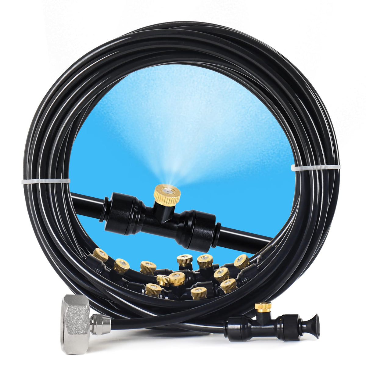 Bonviee 100ft misting line for patio cooling and plant hydration.