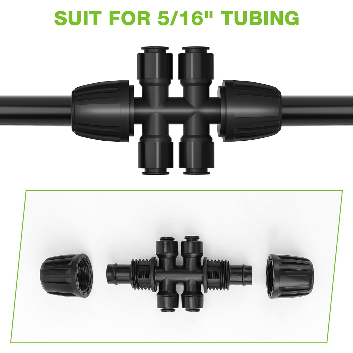 Bonviee 6-way splitter shows barbed 5/16 inch side for secure connections