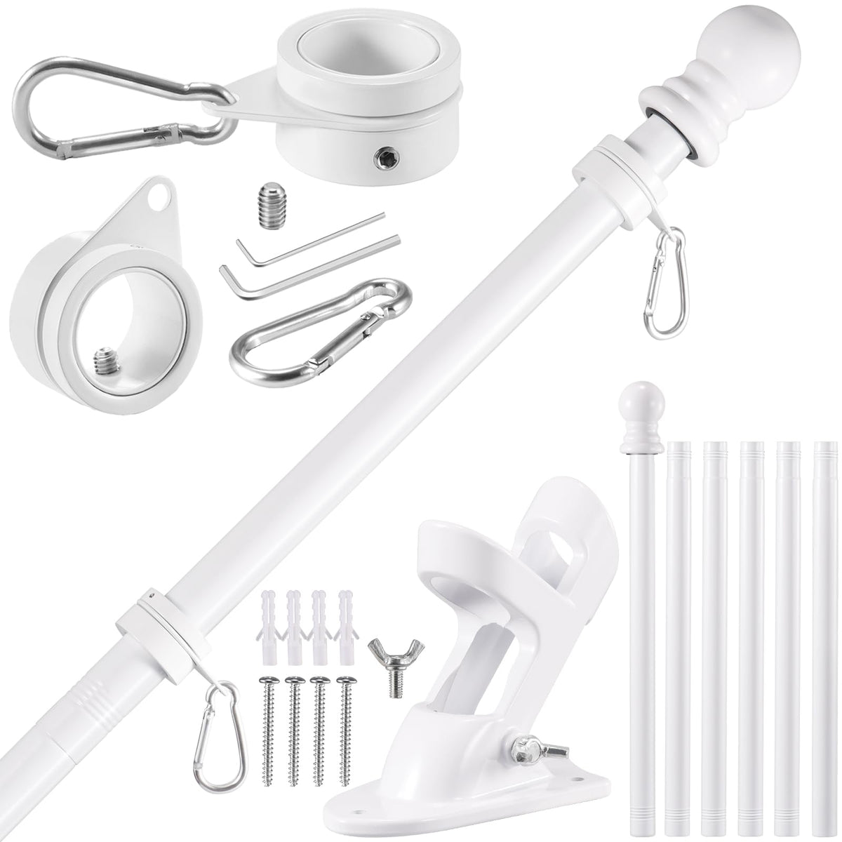 BONWIN white flagpole 7.8ft for 3x5' or 4x6' flags, sturdy outdoor display