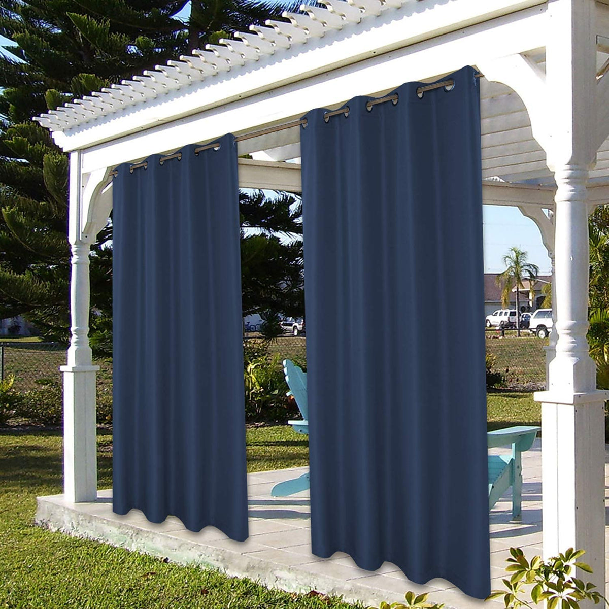 BONZER 54W x 95L navy curtain panel set up on patio.