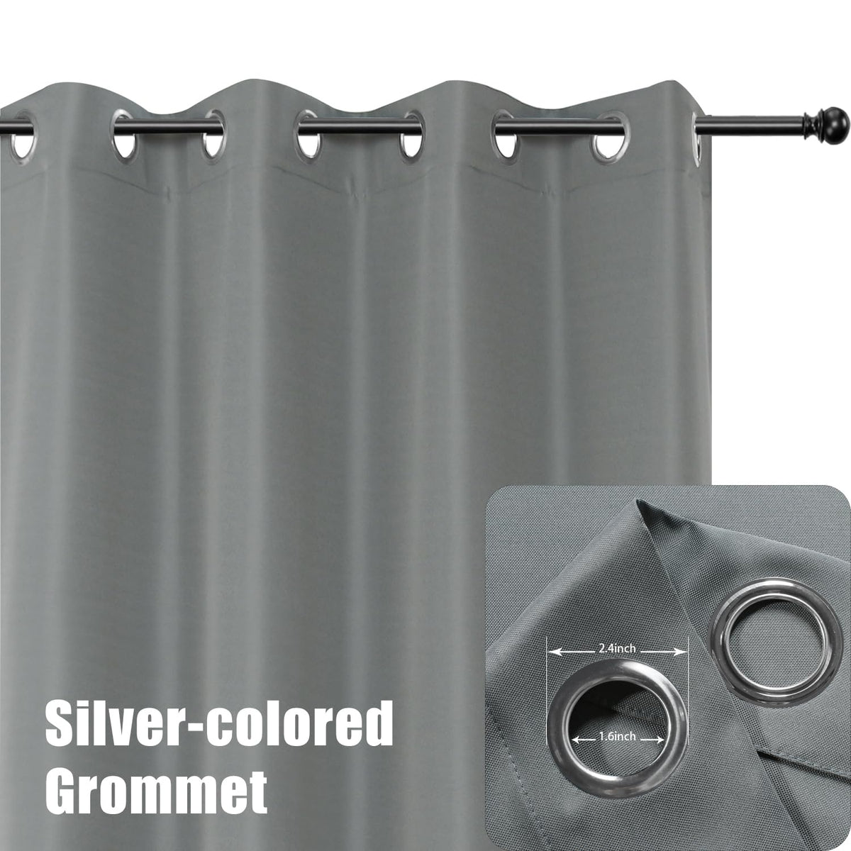 BONZER grey outdoor curtain panel hanging by grommets in wind.