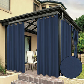 BONZER waterproof navy curtain panel on patio with rain protection and privacy.