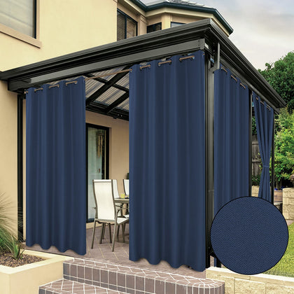 BONZER waterproof navy curtain panel on patio with rain protection and privacy.