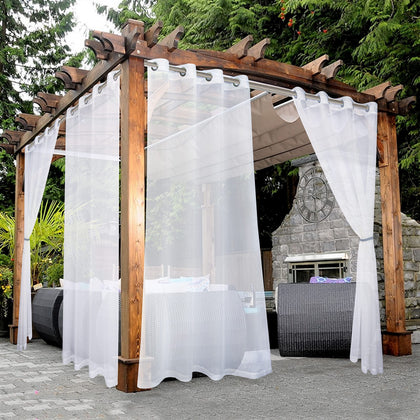 BONZER white outdoor sheer curtains close-up of linen-look fabric for patio privacy