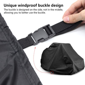 Drawstring and buckle detail on BoomBa mower cover for a snug seal.