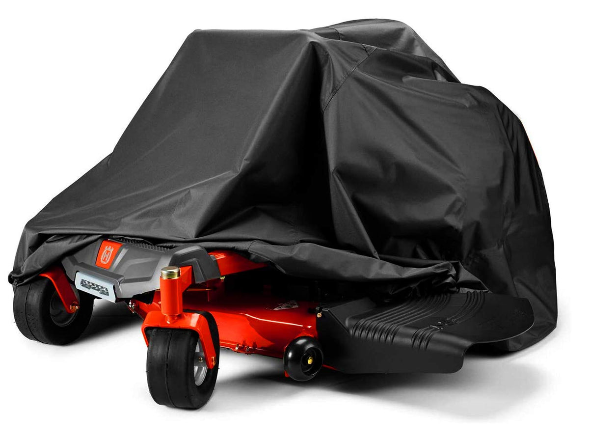 BoomBa zero-turn mower cover in front view protecting a 60-inch deck from rain and sun.