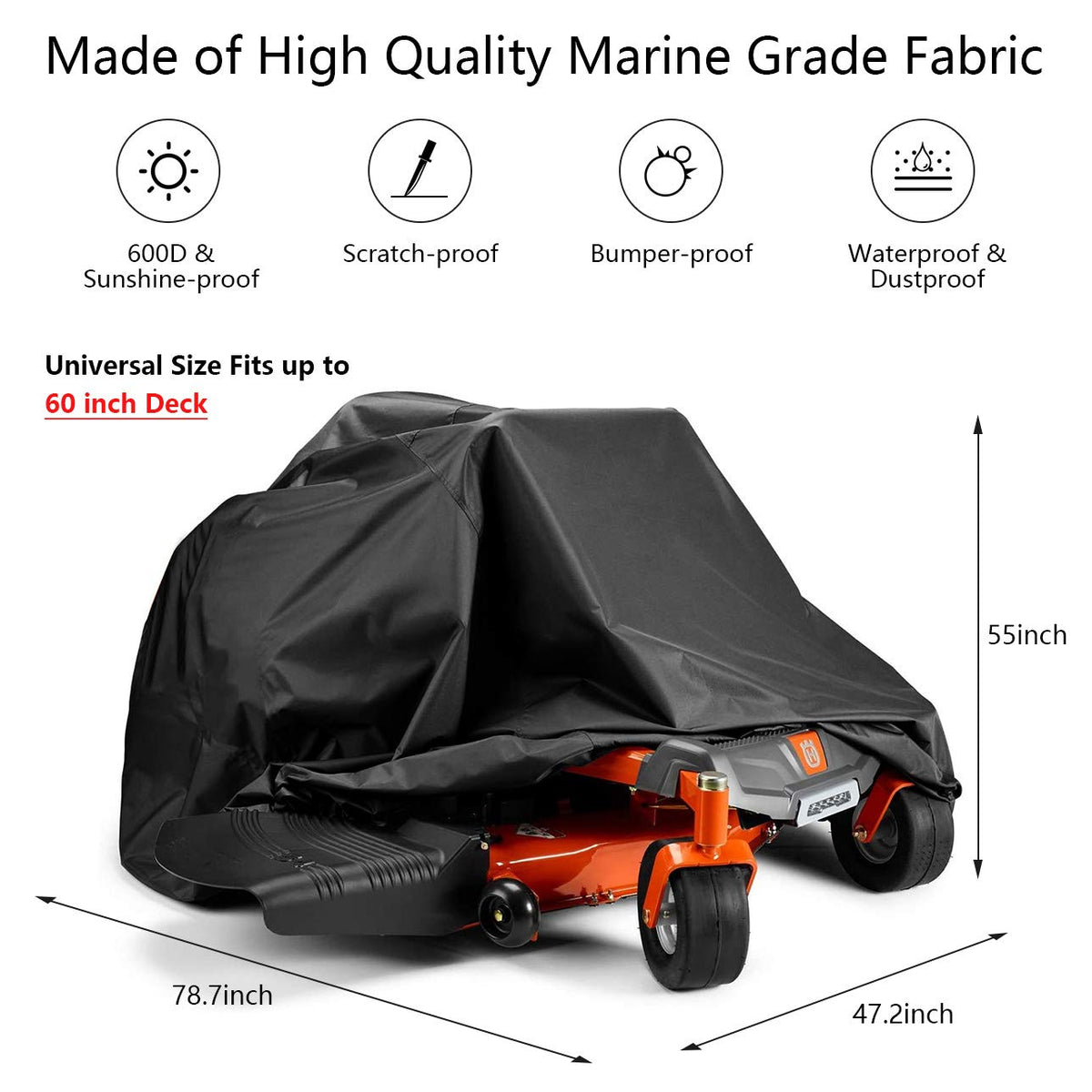BoomBa mower cover side view showing windproof buckle and secure fit for outdoor use.