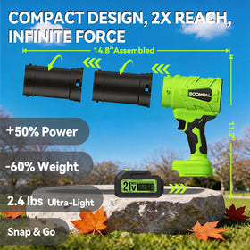 BOOMPAL leaf blower side view highlights lightweight ergonomic design.