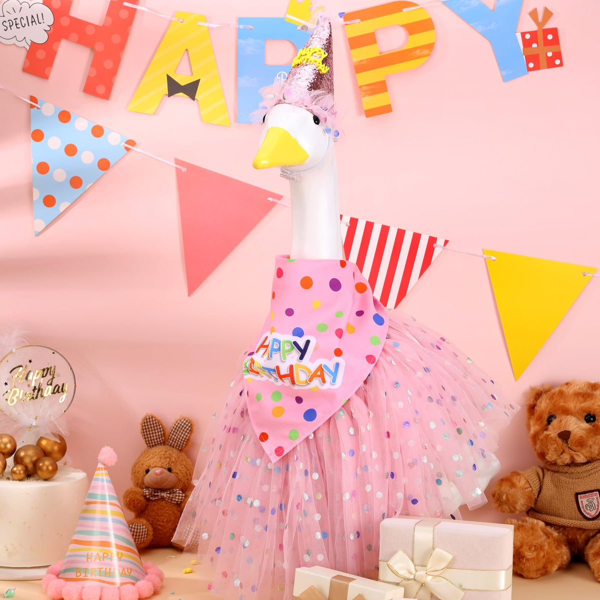 Booson pink bandana adds playful flair to yard goose decor