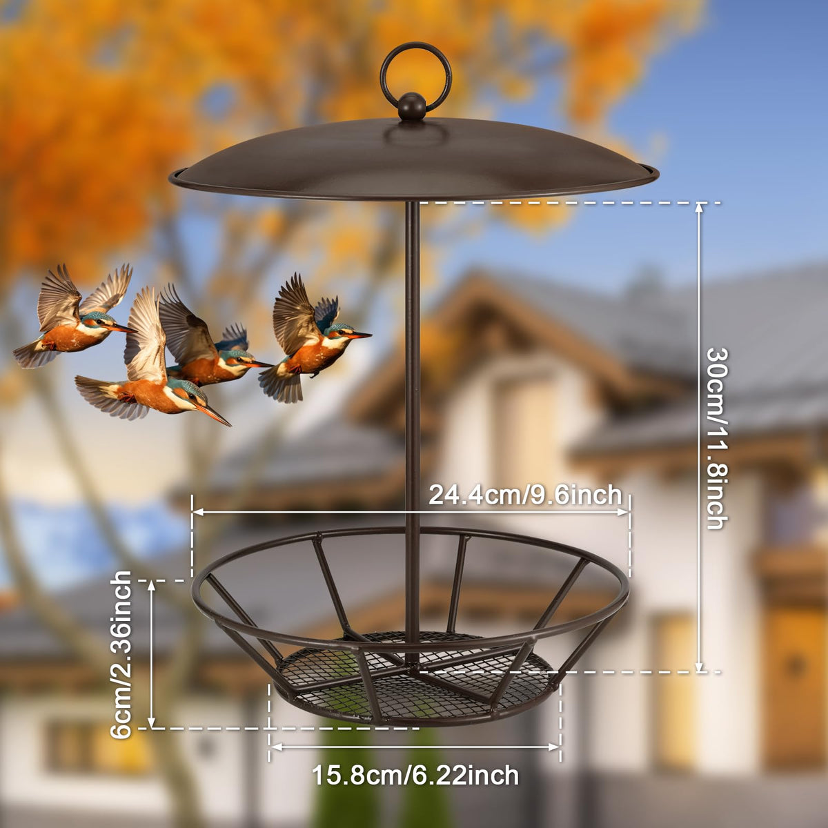 Booson cylinder feeder tray securely holds seeds to reduce waste while birds feed.