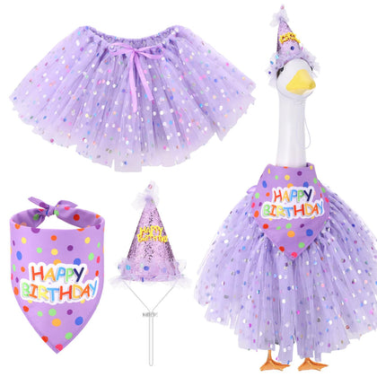 Booson goose birthday outfit with tutu skirt on porch goose for festive outdoor decor