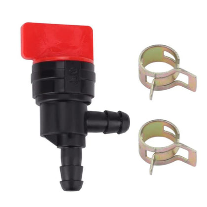 Bopurtotly fuel shut off valve with clamp, 90-degree design for quick line disconnection.