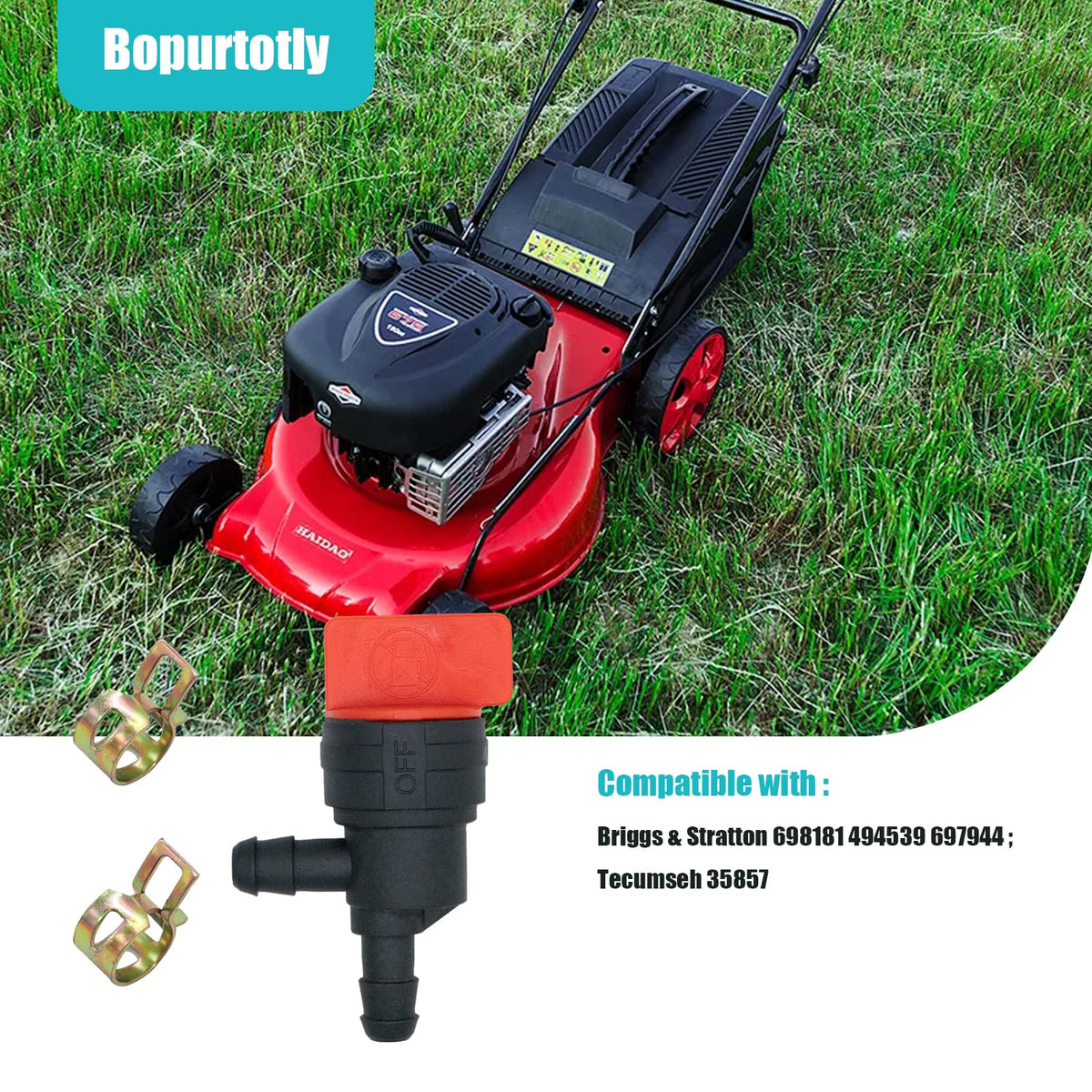 Bopurtotly fuel shut off valve with clamp secures fuel line.