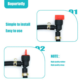 Bopurtotly mower fuel valve installation showing clamp and tubing.