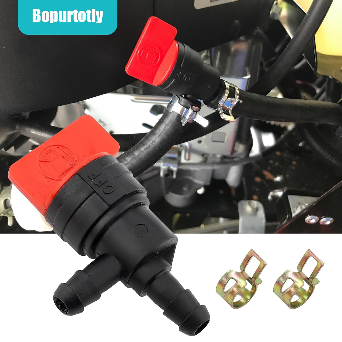 Bopurtotly quarter-inch fuel valve designed for easy reach.