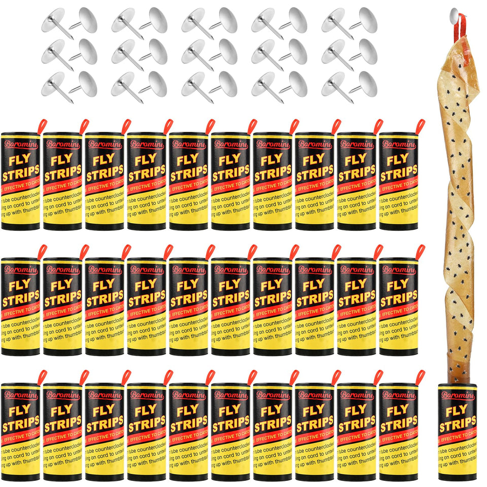 Boromine fly strips package on display, non-toxic pest control option for home use.