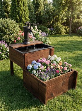 Borsynium outdoor fountain side view highlights smooth wooden finish with weather-ready charm