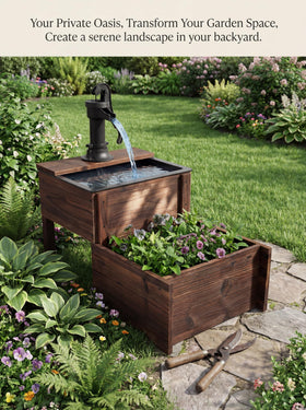 Borsynium fountain wood finish detail underscores natural warm aesthetic for gardens