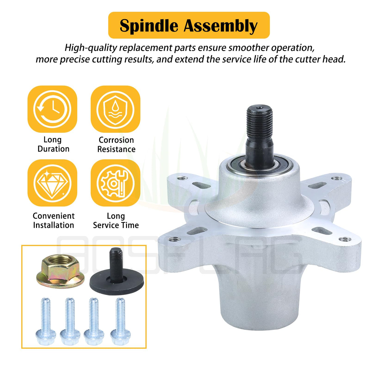 Bosflag spindle assembly installation sequence with clear parts for easy setup.