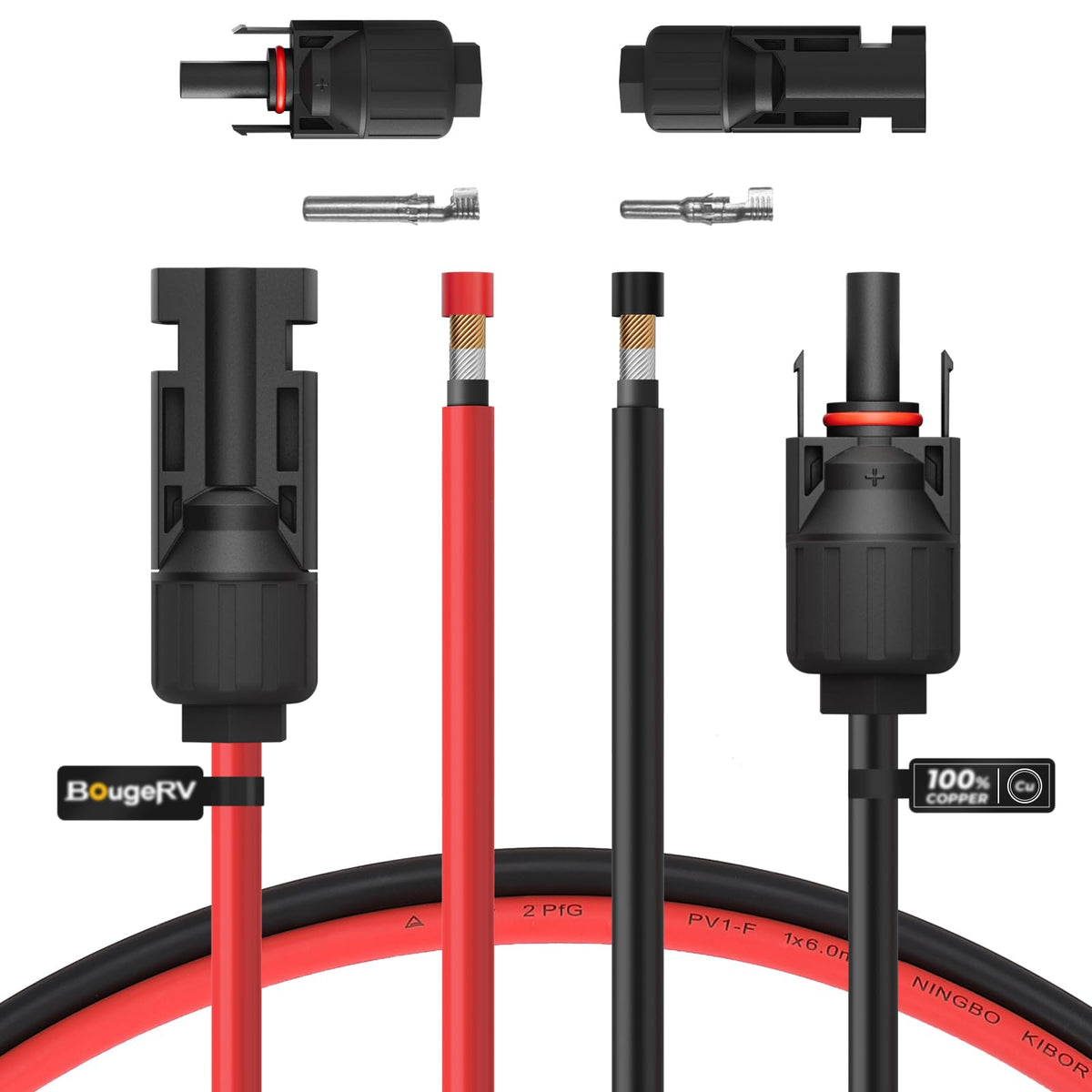 BougeRV 10ft red solar extension cable with connectors for efficient panel-to-controller connections.