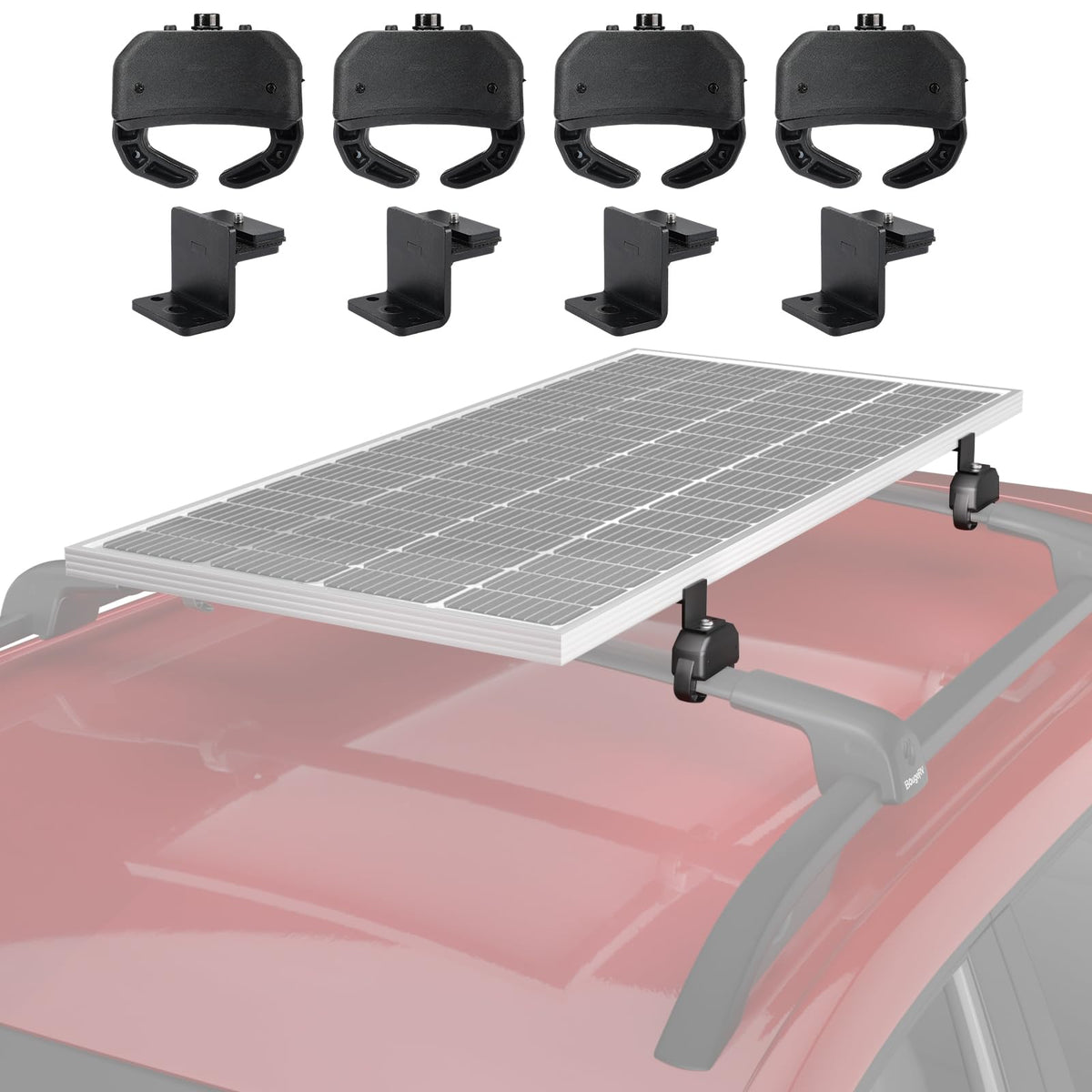 BougeRV crab mount on roof rack secures solar panel for road-ready power.