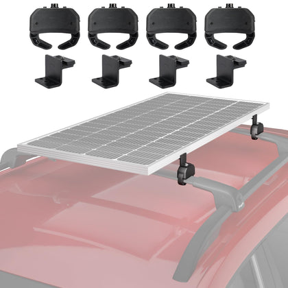 BougeRV crab mount on roof rack secures solar panel for road-ready power.