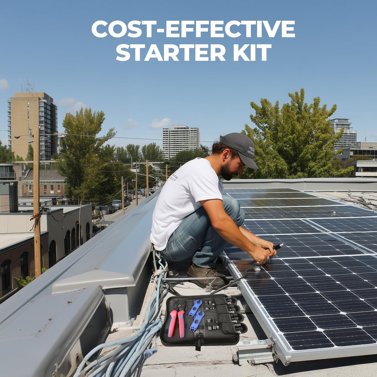 BougeRV crimping tool kit in use for efficient solar wiring at height or bench.