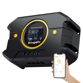 BougeRV L30A PWM controller backlit display shows real-time PV and battery status for easy monitoring.