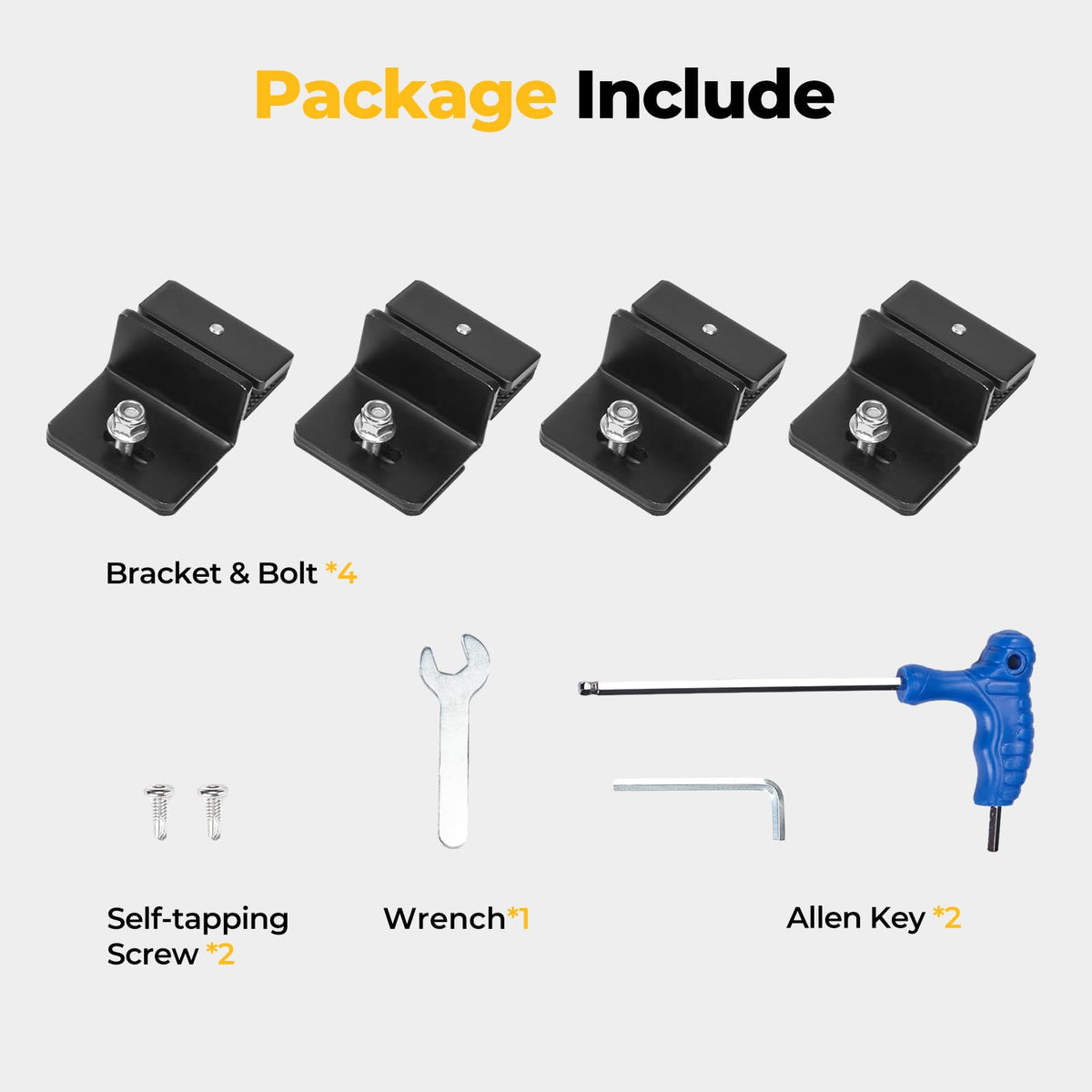BougeRV includes brackets, pre-set T-bolts, screws, Allen keys, and a wrench