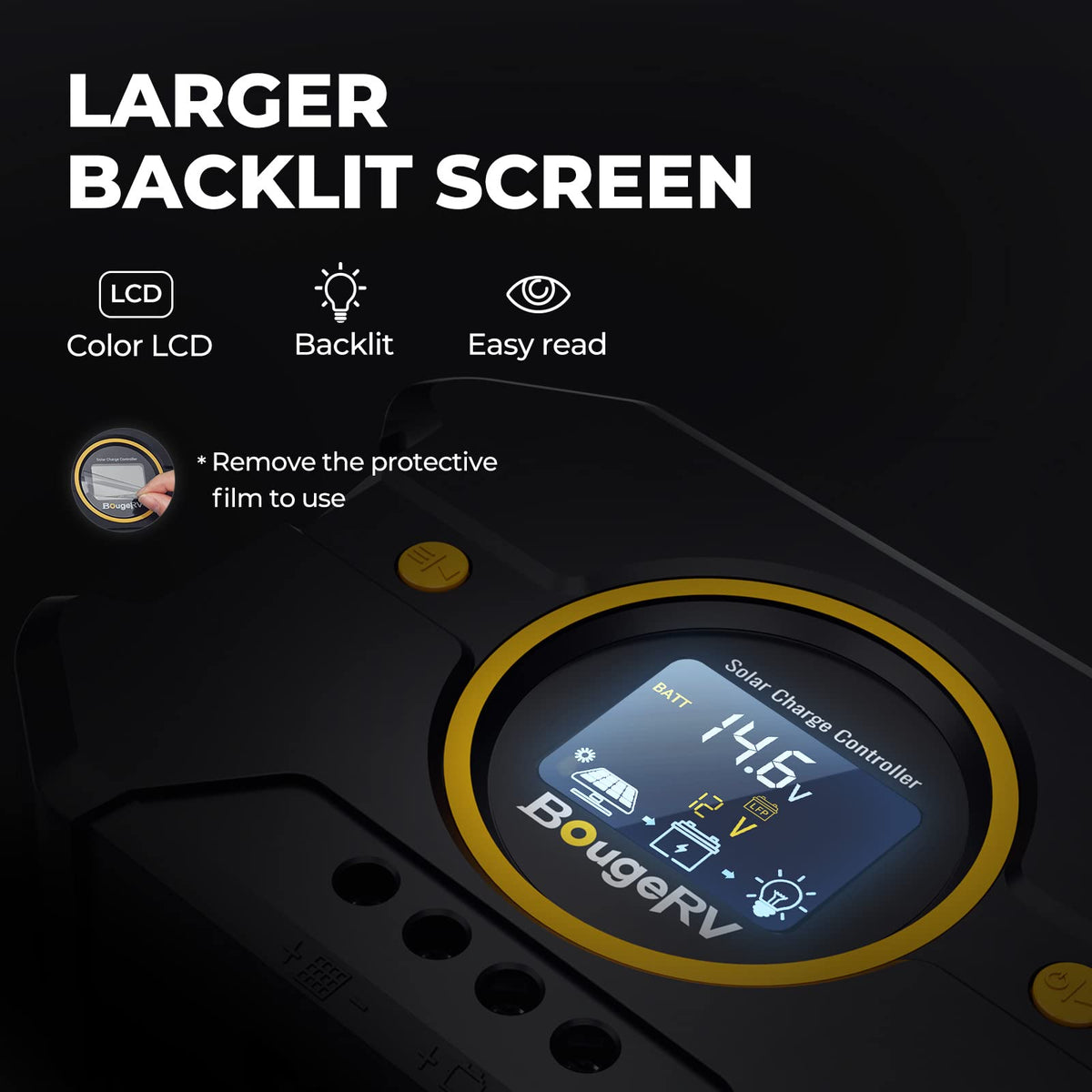 BougeRV PWM controller digital display enables clear night viewing of charging data.