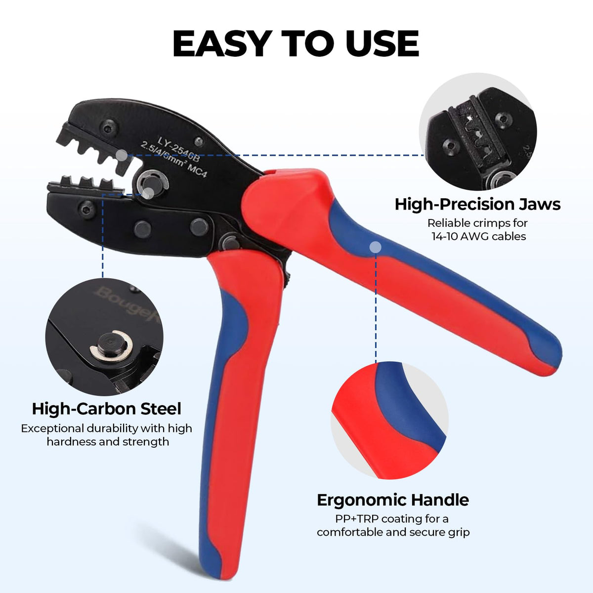 BougeRV crimping tool side profile highlighting durable steel construction for long-lasting service